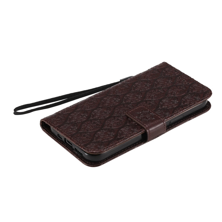 For iPhone 12 / 12 Pro Pressed Printing Rattan Flower Pattern Horizontal Flip PU Leather Case with Holder & Card Slots & Wallet & Photo Frame