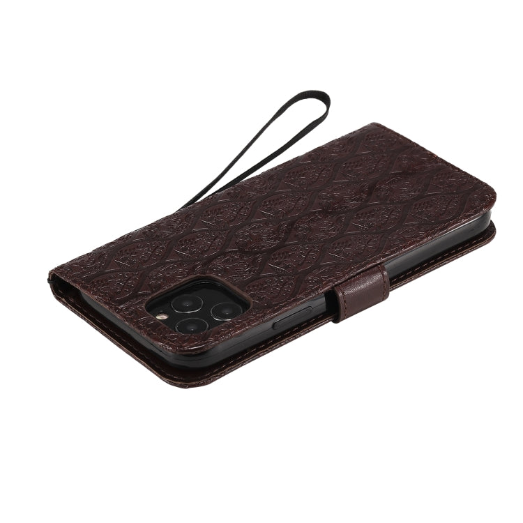 For iPhone 12 / 12 Pro Pressed Printing Rattan Flower Pattern Horizontal Flip PU Leather Case with Holder & Card Slots & Wallet & Photo Frame