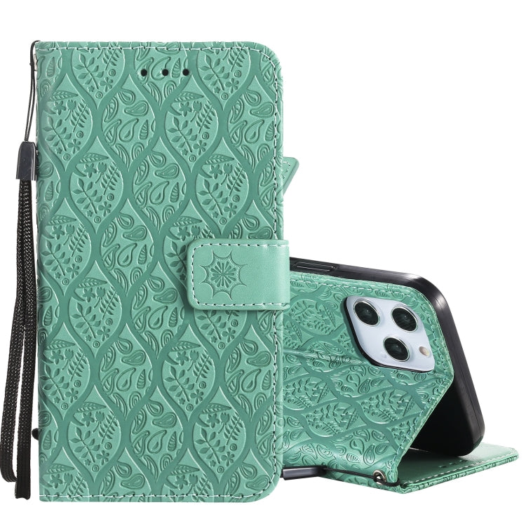 For iPhone 12 Pro Max Pressed Printing Rattan Flower Pattern Horizontal Flip PU Leather Case with Holder & Card Slots & Wallet & Photo Frame