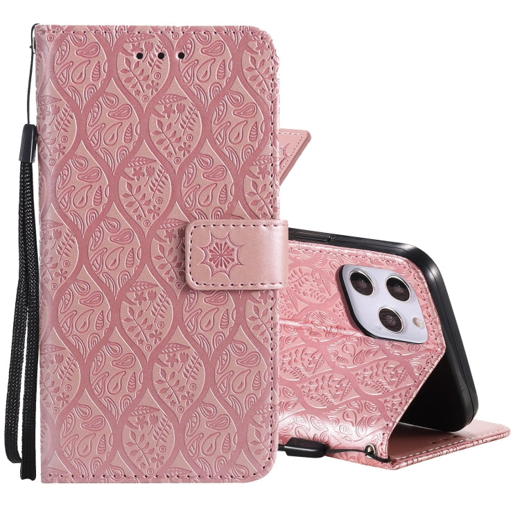 For iPhone 12 Pro Max Pressed Printing Rattan Flower Pattern Horizontal Flip PU Leather Case with Holder & Card Slots & Wallet & Photo Frame