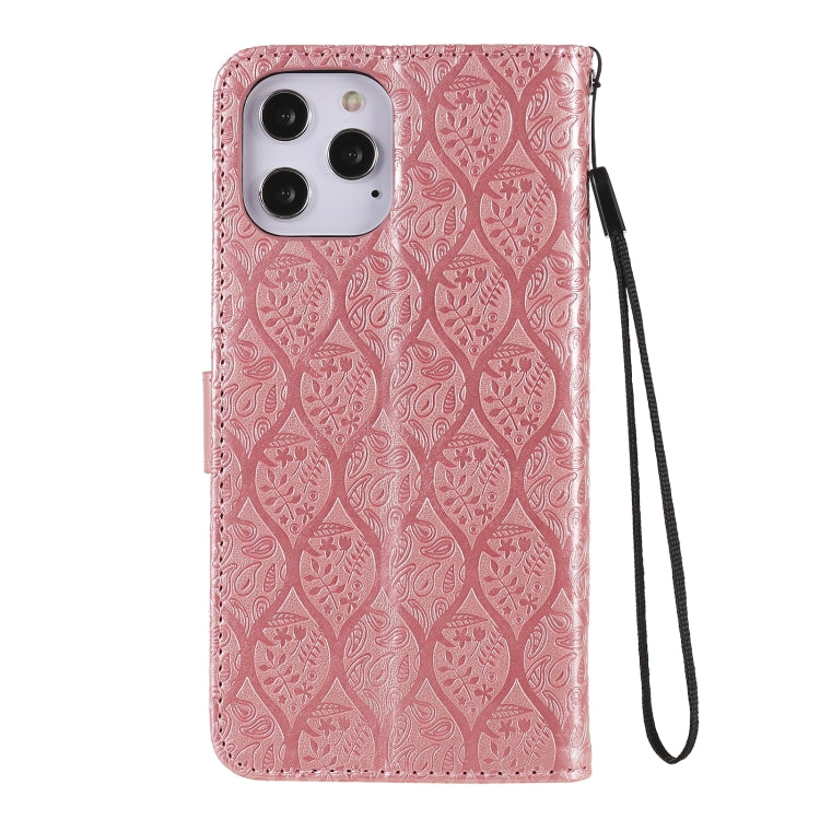For iPhone 12 Pro Max Pressed Printing Rattan Flower Pattern Horizontal Flip PU Leather Case with Holder & Card Slots & Wallet & Photo Frame