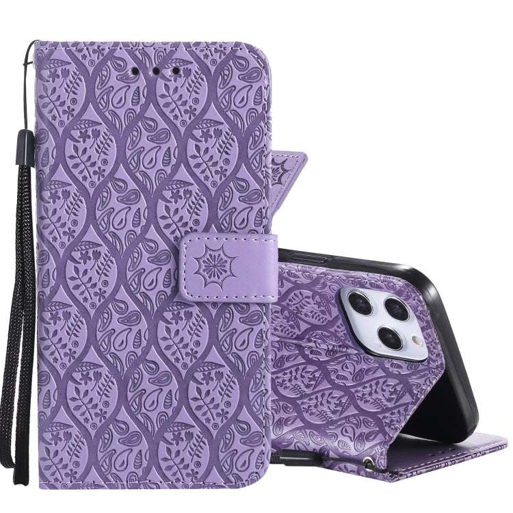 For iPhone 12 Pro Max Pressed Printing Rattan Flower Pattern Horizontal Flip PU Leather Case with Holder & Card Slots & Wallet & Photo Frame