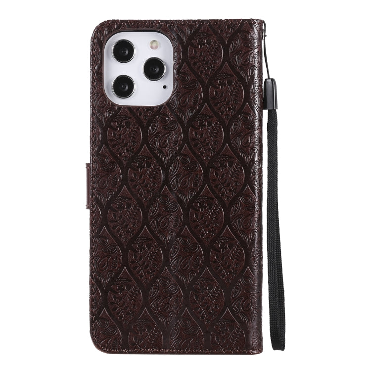 For iPhone 12 Pro Max Pressed Printing Rattan Flower Pattern Horizontal Flip PU Leather Case with Holder & Card Slots & Wallet & Photo Frame