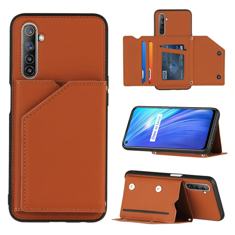 For OPPO Realme 6 Skin Feel PU + TPU + PC Back Cover Shockproof Case with Card Slots & Holder & Photo Frame