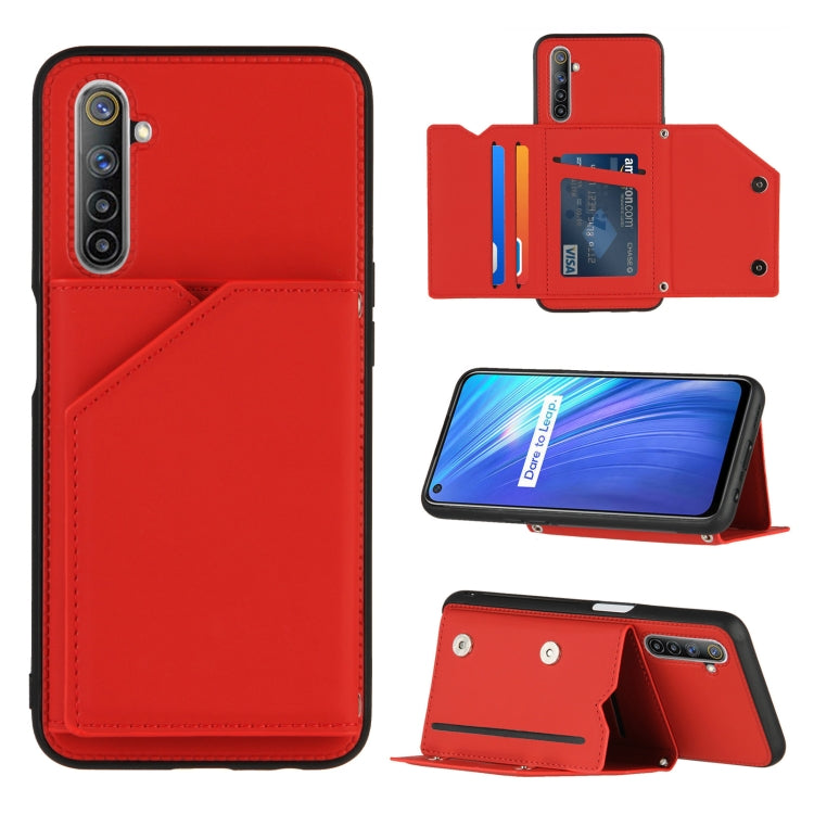 For OPPO Realme 6 Skin Feel PU + TPU + PC Back Cover Shockproof Case with Card Slots & Holder & Photo Frame