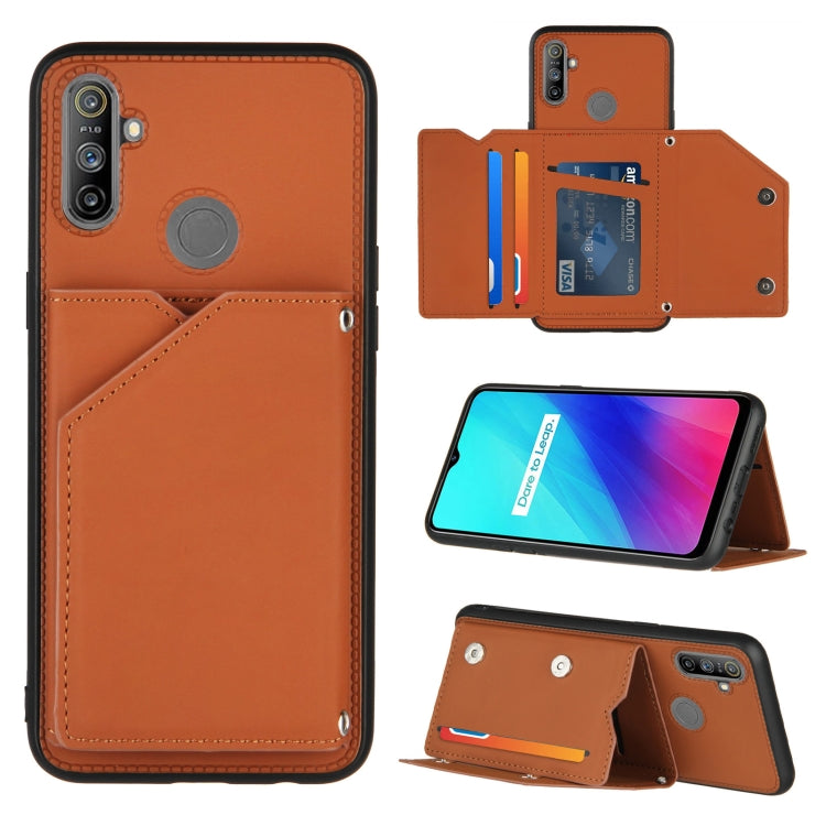 For OPPO Realme C3 Skin Feel PU + TPU + PC Back Cover Shockproof Case with Card Slots & Holder & Photo Frame