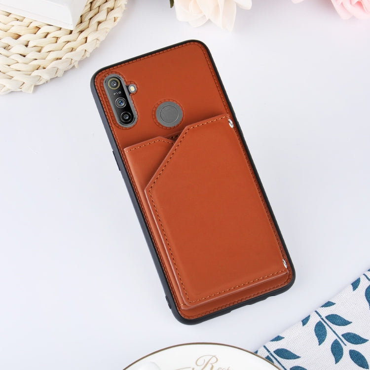 For OPPO Realme C3 Skin Feel PU + TPU + PC Back Cover Shockproof Case with Card Slots & Holder & Photo Frame