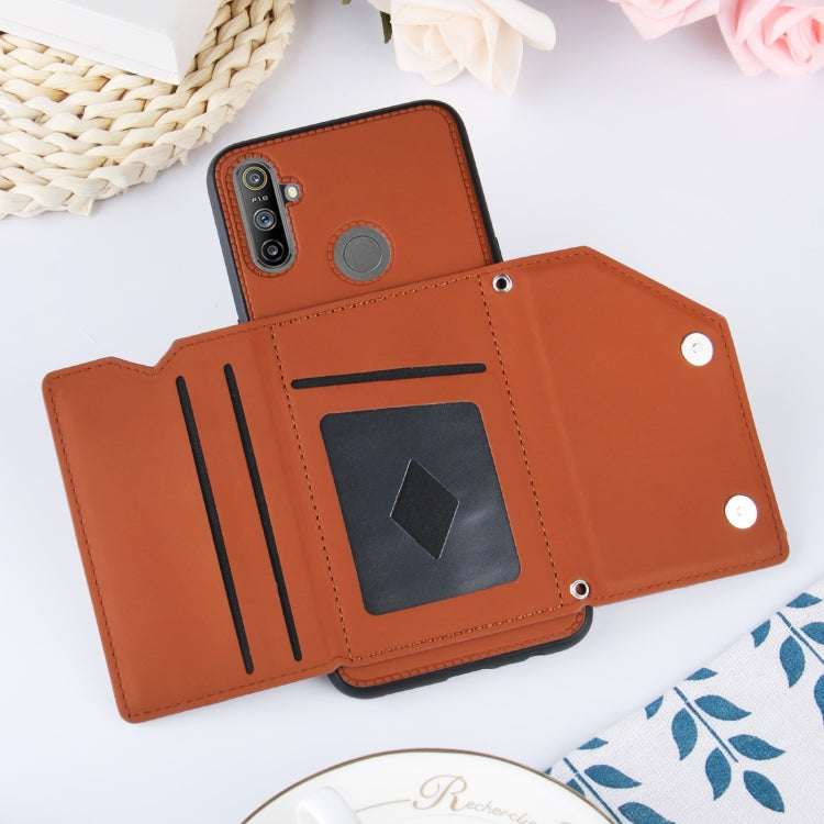 For OPPO Realme C3 Skin Feel PU + TPU + PC Back Cover Shockproof Case with Card Slots & Holder & Photo Frame