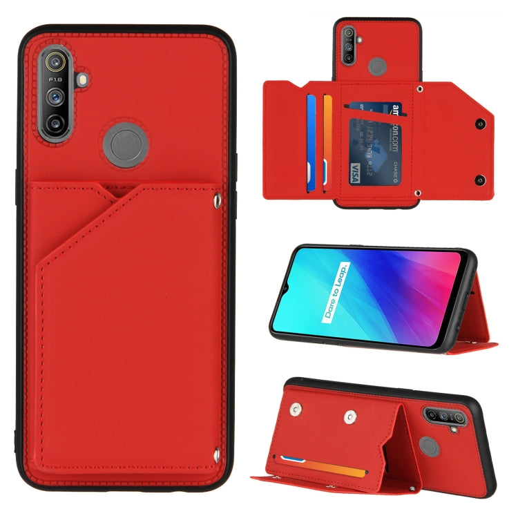 For OPPO Realme C3 Skin Feel PU + TPU + PC Back Cover Shockproof Case with Card Slots & Holder & Photo Frame