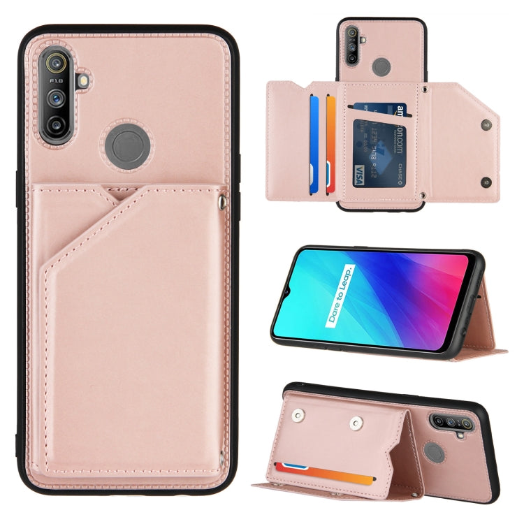 For OPPO Realme C3 Skin Feel PU + TPU + PC Back Cover Shockproof Case with Card Slots & Holder & Photo Frame