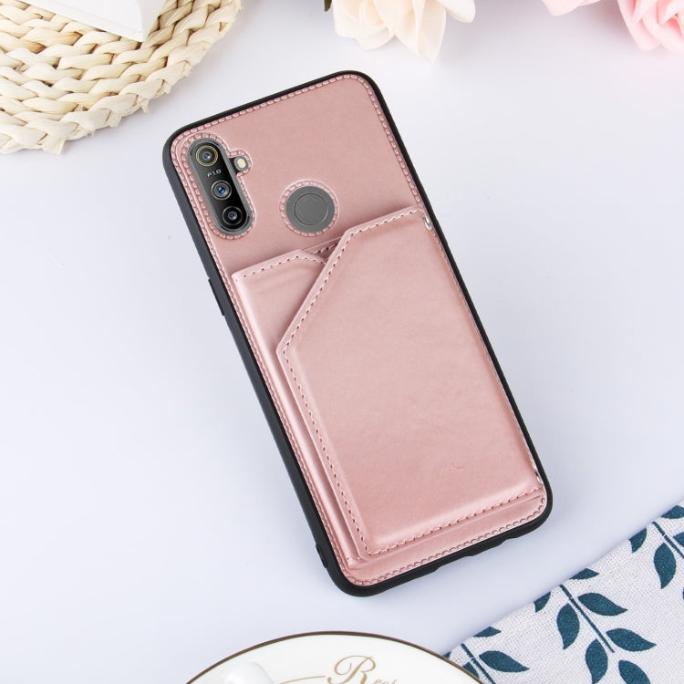For OPPO Realme C3 Skin Feel PU + TPU + PC Back Cover Shockproof Case with Card Slots & Holder & Photo Frame