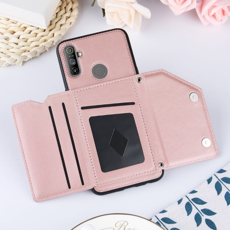 For OPPO Realme C3 Skin Feel PU + TPU + PC Back Cover Shockproof Case with Card Slots & Holder & Photo Frame