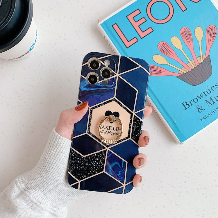 For iPhone 12 mini Love Stitching Marble Pattern Shockproof Protective Case with Ring Holder