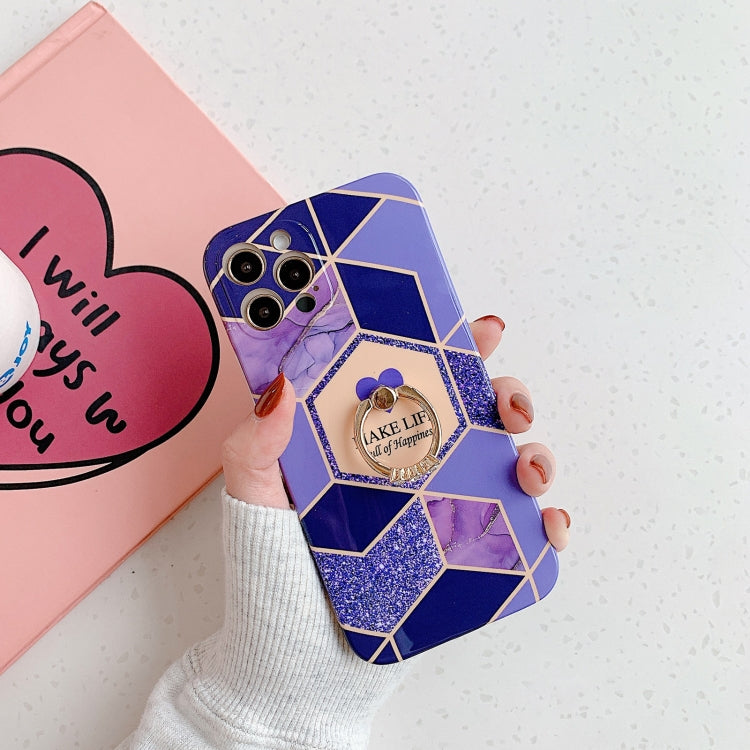 For iPhone 12 Love Stitching Marble Pattern Shockproof Protective Case with Ring Holder