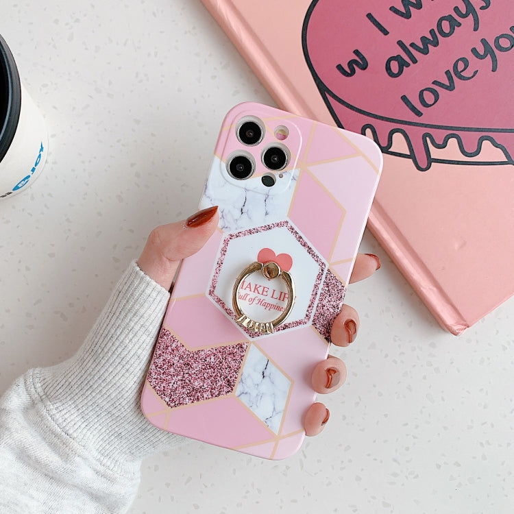 For iPhone 12 Love Stitching Marble Pattern Shockproof Protective Case with Ring Holder