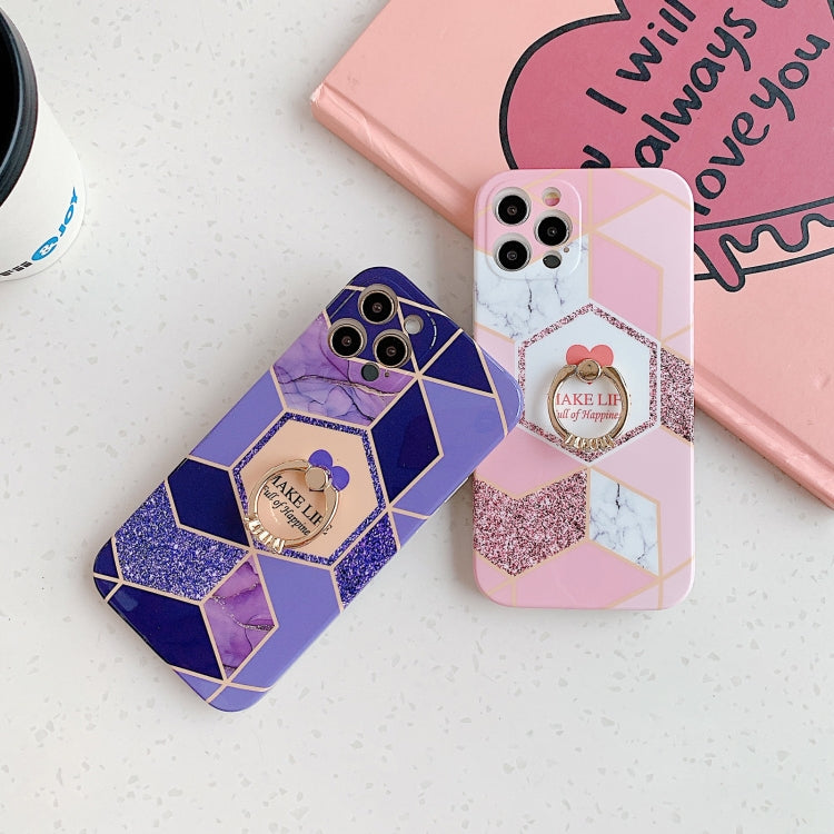 For iPhone 12 Love Stitching Marble Pattern Shockproof Protective Case with Ring Holder