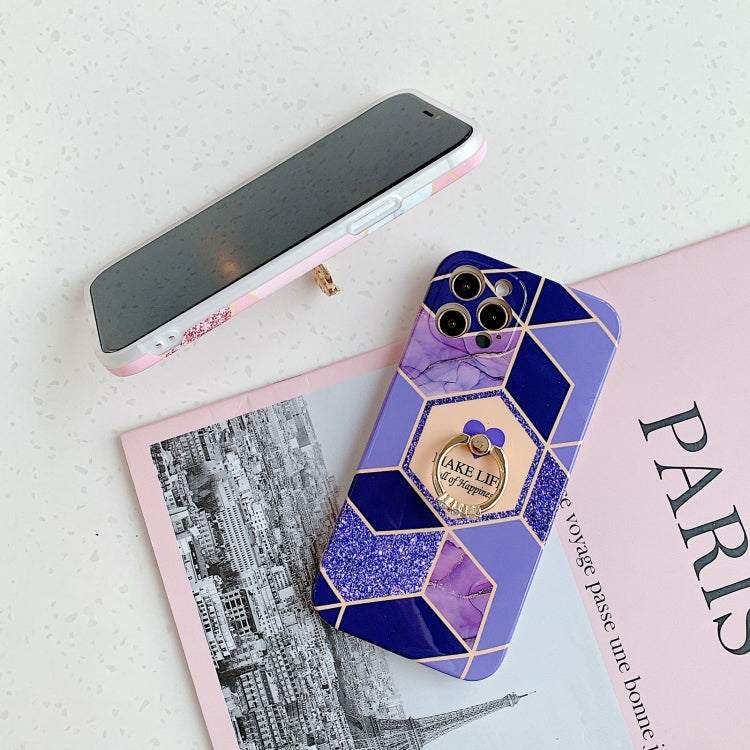 For iPhone 12 Pro Max Love Stitching Marble Pattern Shockproof Protective Case with Ring Holder