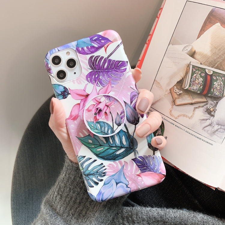 For iPhone 11 Pro Banana Flower Leaves Series Pattern Shockproof Protective Case with Holder