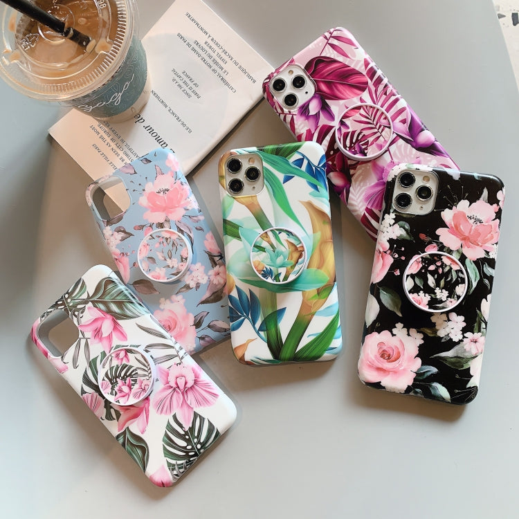 For iPhone 11 Pro Banana Flower Leaves Series Pattern Shockproof Protective Case with Holder