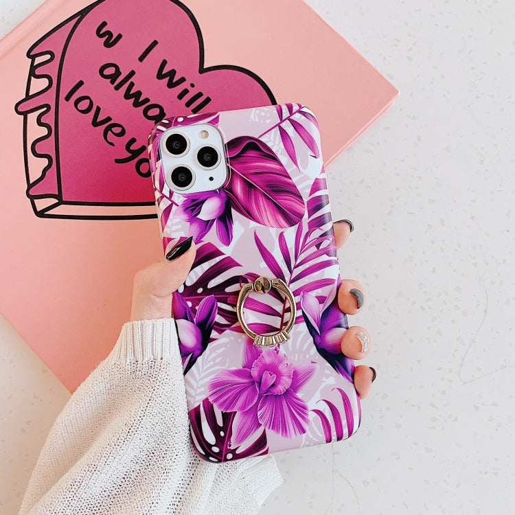 For iPhone 11 Banana Flower Leaves Series Pattern Shockproof Half-inclusive Frosted TPU Protective Case with Ring Holder