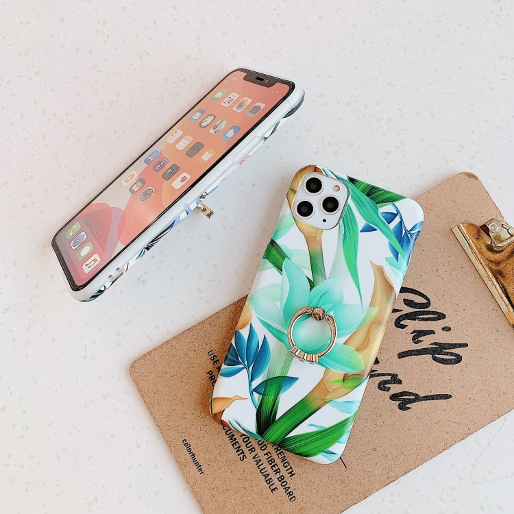 For iPhone 11 Banana Flower Leaves Series Pattern Shockproof Half-inclusive Frosted TPU Protective Case with Ring Holder