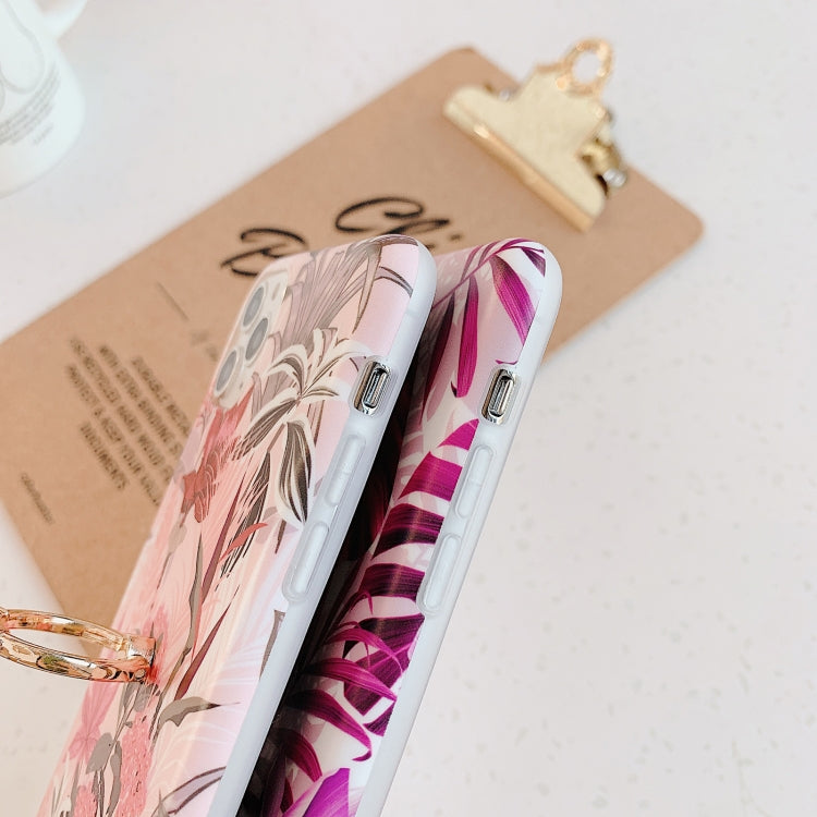 For iPhone 11 Banana Flower Leaves Series Pattern Shockproof Half-inclusive Frosted TPU Protective Case with Ring Holder