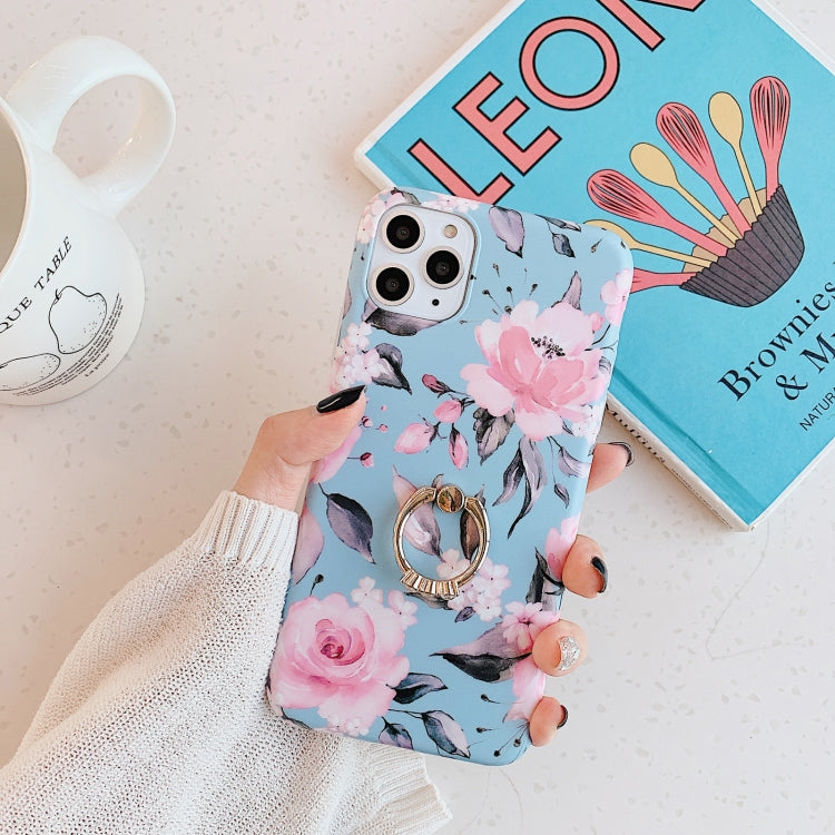 For iPhone 11 Pro Banana Flower Leaves Series Pattern Shockproof Half-inclusive Frosted TPU Protective Case with Ring Holder