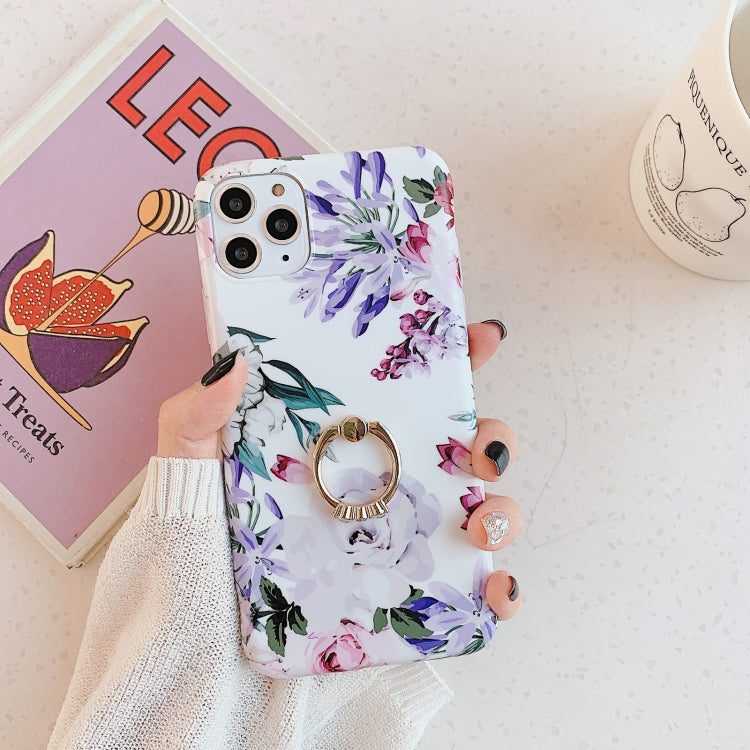 For iPhone 11 Pro Banana Flower Leaves Series Pattern Shockproof Half-inclusive Frosted TPU Protective Case with Ring Holder