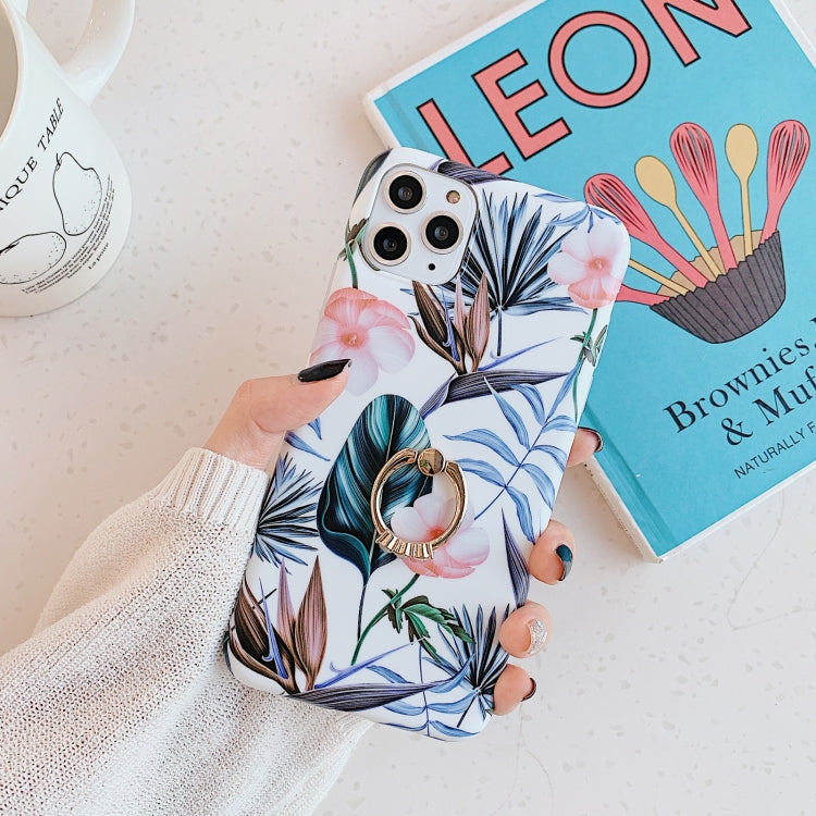 For iPhone 11 Pro Banana Flower Leaves Series Pattern Shockproof Half-inclusive Frosted TPU Protective Case with Ring Holder