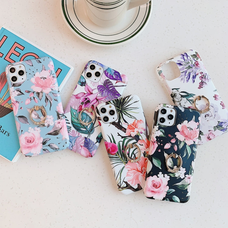 For iPhone 11 Pro Banana Flower Leaves Series Pattern Shockproof Half-inclusive Frosted TPU Protective Case with Ring Holder