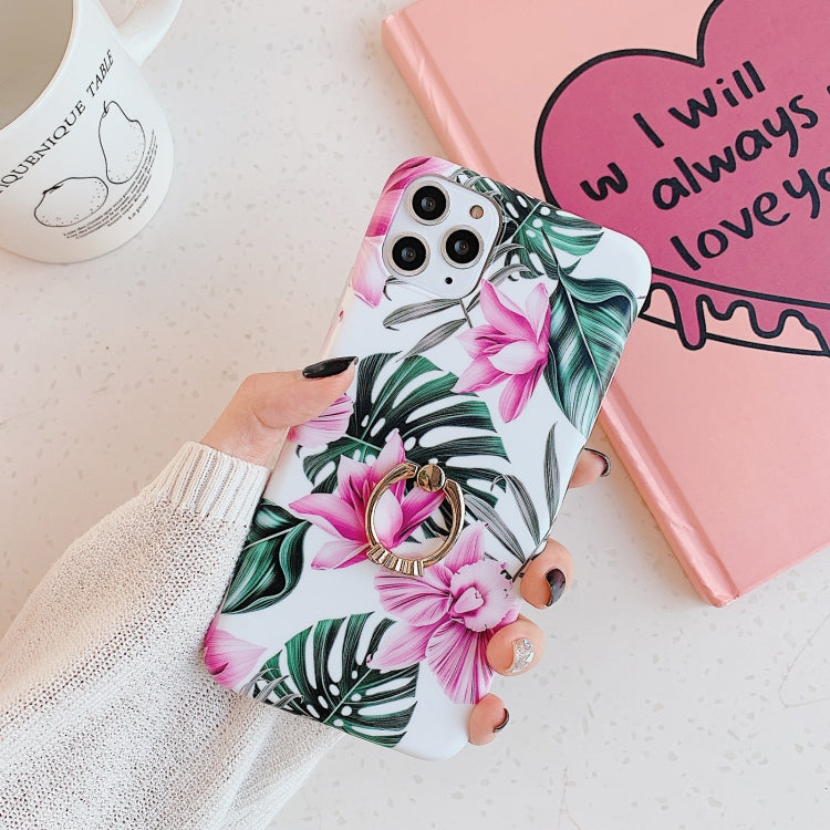 For iPhone 11 Pro Banana Flower Leaves Series Pattern Shockproof Half-inclusive Frosted TPU Protective Case with Ring Holder