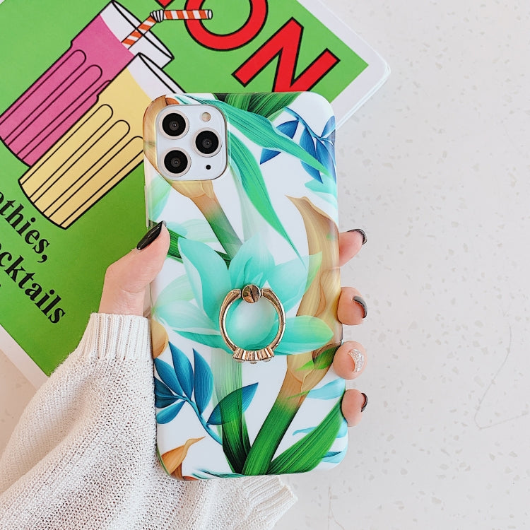 For iPhone 11 Pro Banana Flower Leaves Series Pattern Shockproof Half-inclusive Frosted TPU Protective Case with Ring Holder
