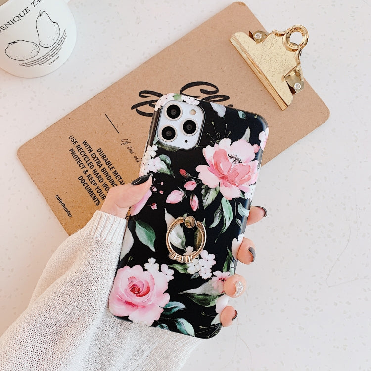 For iPhone 11 Pro Max Banana Flower Leaves Series Pattern Shockproof Half-inclusive Frosted TPU Protective Case with Ring Holder