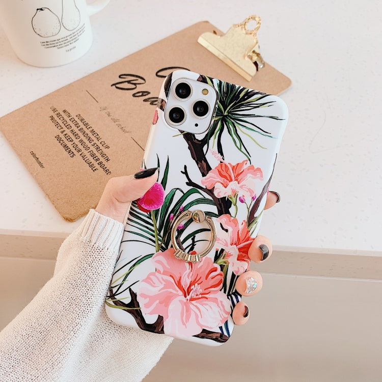 For iPhone 11 Pro Max Banana Flower Leaves Series Pattern Shockproof Half-inclusive Frosted TPU Protective Case with Ring Holder