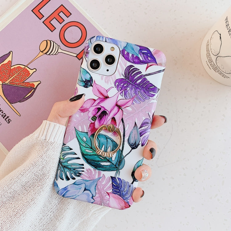 For iPhone 11 Pro Max Banana Flower Leaves Series Pattern Shockproof Half-inclusive Frosted TPU Protective Case with Ring Holder