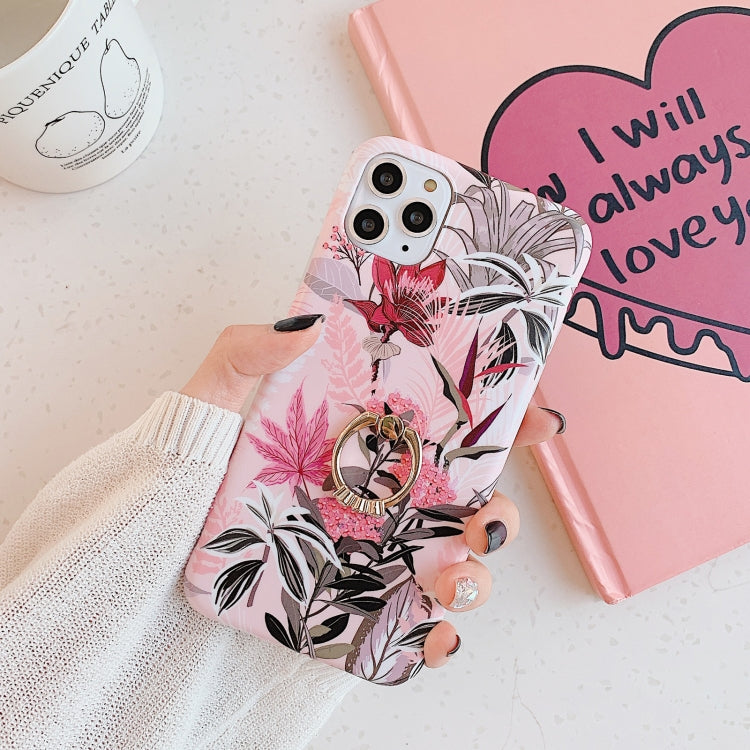 For iPhone 11 Pro Max Banana Flower Leaves Series Pattern Shockproof Half-inclusive Frosted TPU Protective Case with Ring Holder