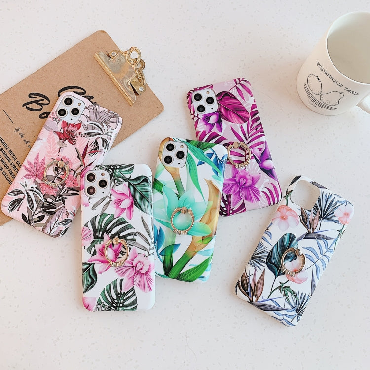 For iPhone 11 Pro Max Banana Flower Leaves Series Pattern Shockproof Half-inclusive Frosted TPU Protective Case with Ring Holder