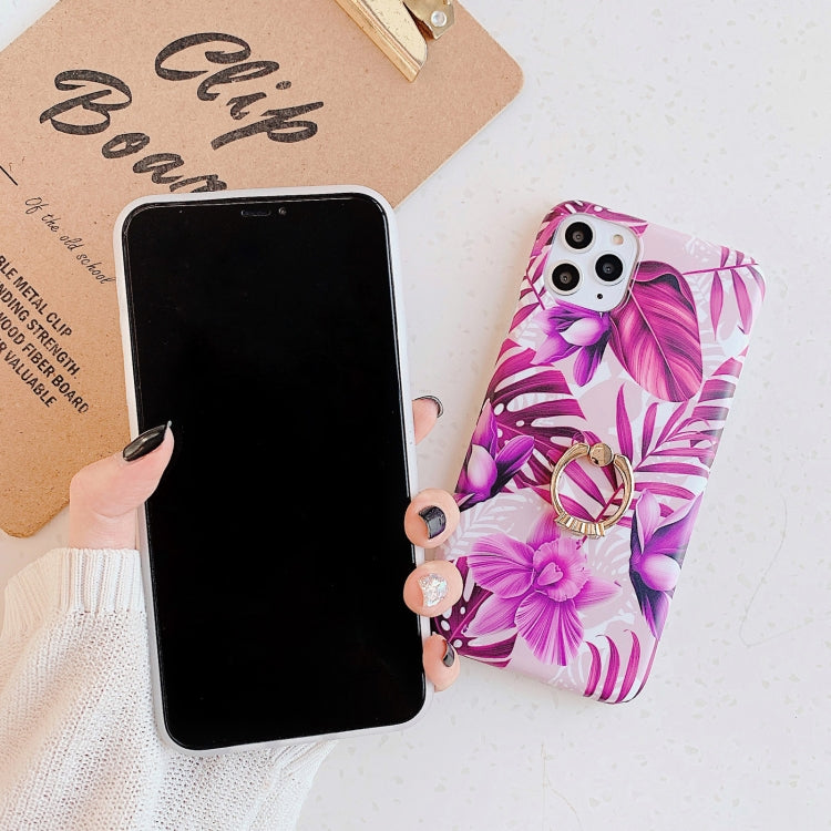 For iPhone 11 Pro Max Banana Flower Leaves Series Pattern Shockproof Half-inclusive Frosted TPU Protective Case with Ring Holder