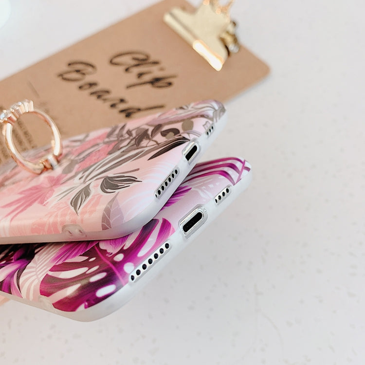 For iPhone 11 Pro Max Banana Flower Leaves Series Pattern Shockproof Half-inclusive Frosted TPU Protective Case with Ring Holder
