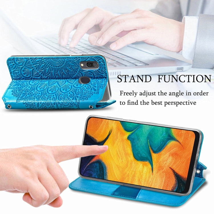 For Samsung Galaxy A20 / A30 Blooming Mandala Embossed Pattern Magnetic Horizontal Flip Leather Case with Holder & Card Slots & Wallet
