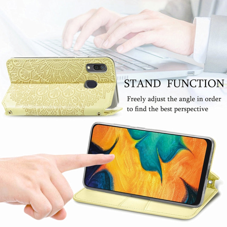 For Samsung Galaxy A20 / A30 Blooming Mandala Embossed Pattern Magnetic Horizontal Flip Leather Case with Holder & Card Slots & Wallet