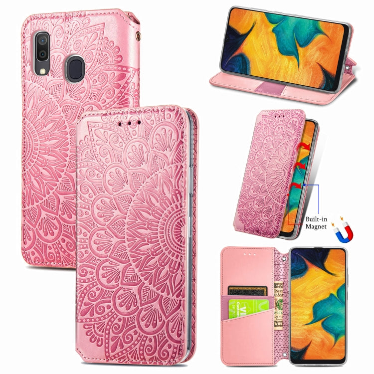 For Samsung Galaxy A20 / A30 Blooming Mandala Embossed Pattern Magnetic Horizontal Flip Leather Case with Holder & Card Slots & Wallet
