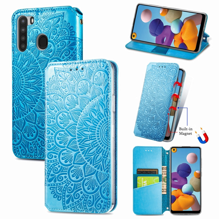 For Samsung Galaxy A21 Blooming Mandala Embossed Pattern Magnetic Horizontal Flip Leather Case with Holder & Card Slots & Wallet