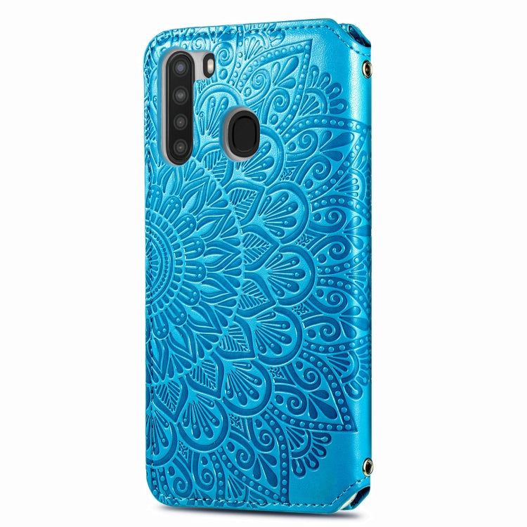 For Samsung Galaxy A21 Blooming Mandala Embossed Pattern Magnetic Horizontal Flip Leather Case with Holder & Card Slots & Wallet