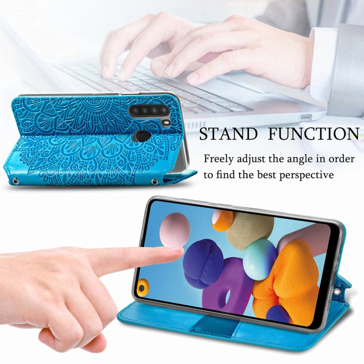 For Samsung Galaxy A21 Blooming Mandala Embossed Pattern Magnetic Horizontal Flip Leather Case with Holder & Card Slots & Wallet