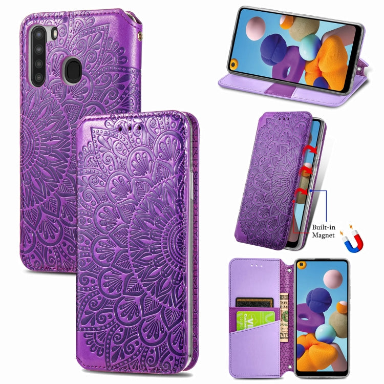 For Samsung Galaxy A21 Blooming Mandala Embossed Pattern Magnetic Horizontal Flip Leather Case with Holder & Card Slots & Wallet