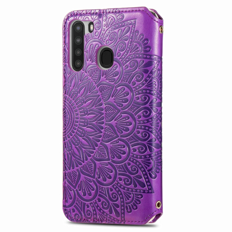 For Samsung Galaxy A21 Blooming Mandala Embossed Pattern Magnetic Horizontal Flip Leather Case with Holder & Card Slots & Wallet