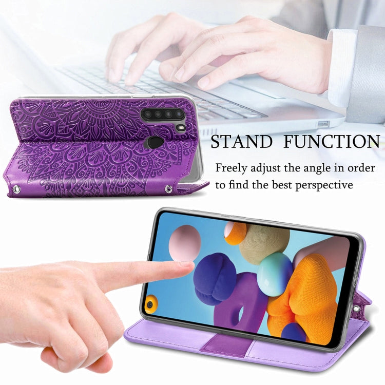 For Samsung Galaxy A21 Blooming Mandala Embossed Pattern Magnetic Horizontal Flip Leather Case with Holder & Card Slots & Wallet
