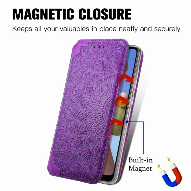 For Samsung Galaxy A21 Blooming Mandala Embossed Pattern Magnetic Horizontal Flip Leather Case with Holder & Card Slots & Wallet