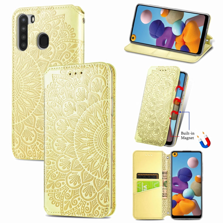 For Samsung Galaxy A21 Blooming Mandala Embossed Pattern Magnetic Horizontal Flip Leather Case with Holder & Card Slots & Wallet